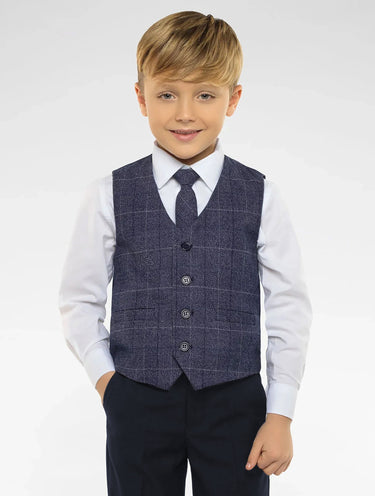 Boys navy check waistcoat suit